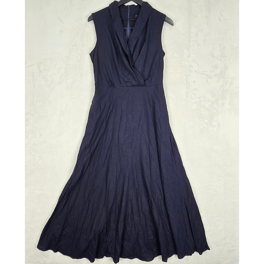 NWT Commense Navy Blue Linen Blend Shawl Collar Surplice Maxi Dress Sleeveless M